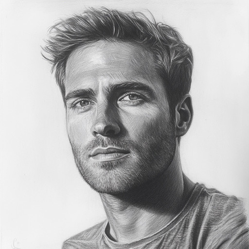 Realistic male portrait executed in pencil with meticulous facial detailing and an expressive gaze