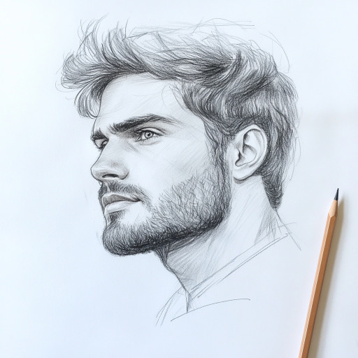 Close-up of a male pencil portrait with detailed rendering of the eyes and facial expression