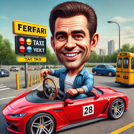 taxi driver caricature behind the wheel of a car