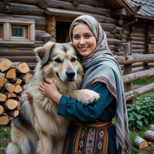 Woman with a dog, AI-generated portrait
