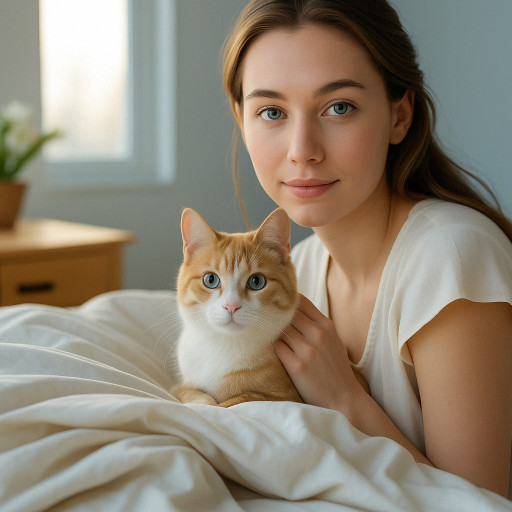 Beautiful woman with a cat, created with AI