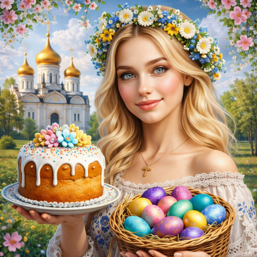 Family Easter portrait with Easter cakes and dyed eggs