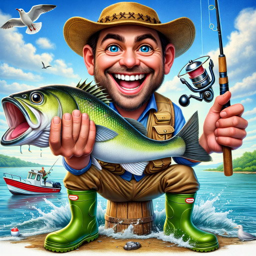 Funny caricature of a hunter with a rifle and a fisherman with a huge catch by a forest lake