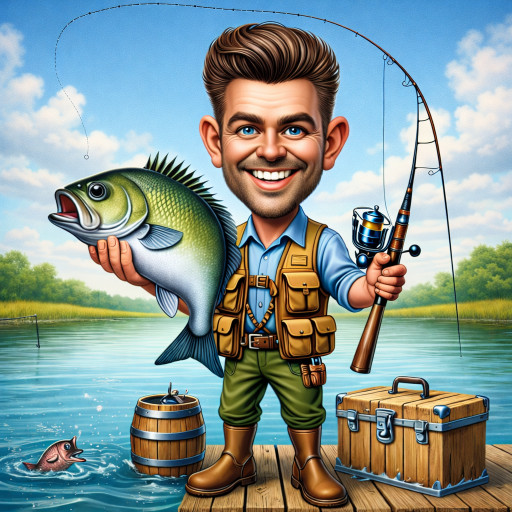 Detailed caricature of an angler with professional tackle and a trophy fish
