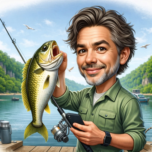 Detailed caricature of an angler with professional tackle and a trophy fish