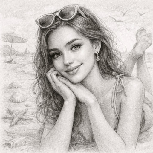 An elegant female portrait drawn in pencil with soft lines that convey the beauty and refinement of facial features