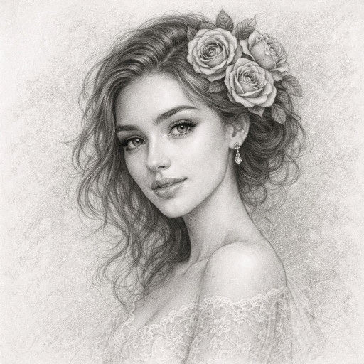 A collection of women's pencil portraits in various styles, from romantic to classical academic