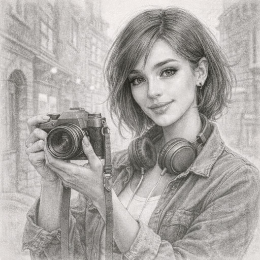 An elegant female portrait drawn in pencil with soft lines that convey the beauty and refinement of facial features