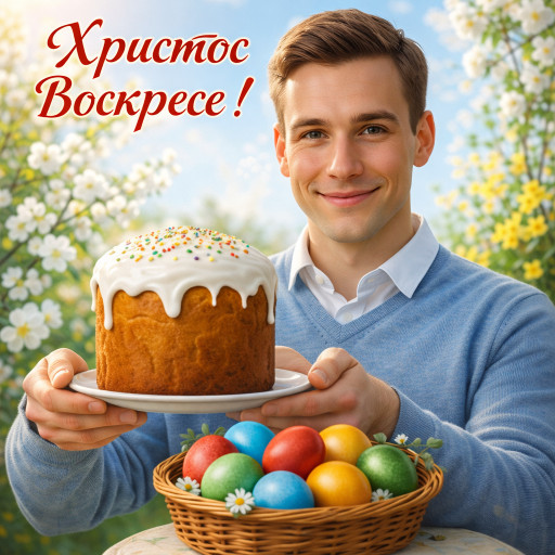 Family Easter portrait with Easter cakes and dyed eggs
